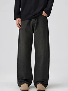 Hommes High Street Délavé Noir Gris Coupe Large Jambe Droite Baggy Jeans Coton Casual Vintage Vieilli Denim Pantalons Longs