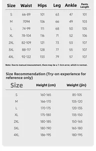 Detailed size chart for men's fleece-lined knit trousers from S to 4XL with measurements