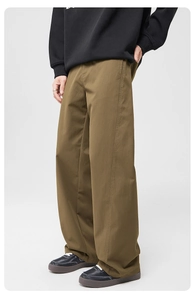 Detail of khaki wide-leg work pants featuring loose straight fit and durable fabric