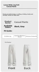 Vue à plat montrant l'avant et l'arrière du pantalon de jogging évasé en tricot noir et gris