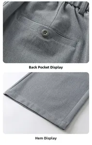 Detailed views of grey trousers showing buttoned back pocket and stitched trouser cuff