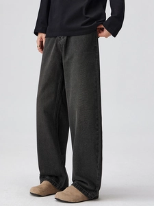 Jean ample décontracté pour homme en denim gris foncé délavé avec texture vintage