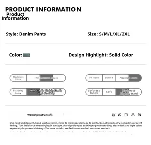 Detailed size chart and fabric properties for American style washed wide-leg jeans for men