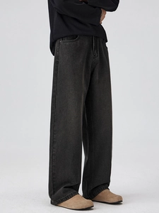 Jean baggy ample à jambe large en denim gris anthracite délavé pour hommes