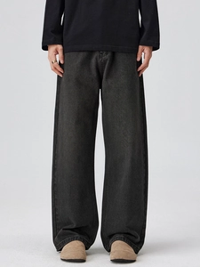 Jean baggy homme en denim gris foncé délavé avec une coupe droite large et décontractée