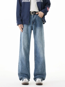 Jean denim rétro bleu pour hommes coupe droite décontractée pour un style streetwear épuré