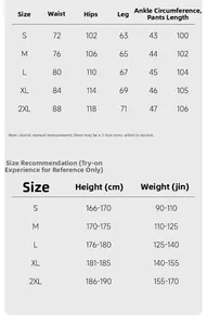 Tableau des tailles détaillé pour pantalons larges kaki avec mesures de taille et longueur