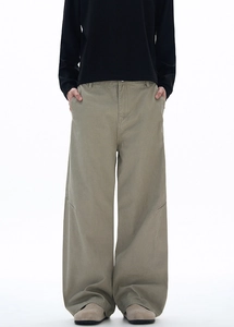Front view of khaki utility straight-leg trousers featuring a unique horizontal seam design