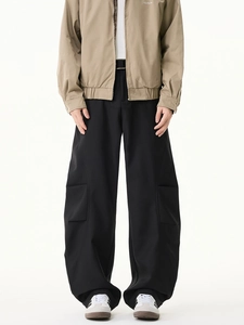 Pantalon cargo noir pour hommes avec poches 3D et coupe droite décontractée