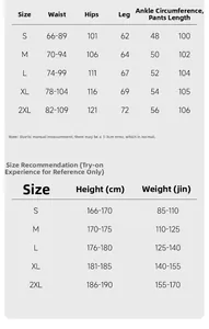 Tableau des tailles détaillé pour pantalons larges hommes incluant taille, hanches et longueur