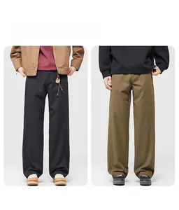 Men's relaxed straight-leg casual pants shown in black and khaki twill cotton fabric