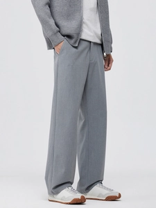 Men's grey wide-leg dress pants with straight loose fit and premium drape texture
