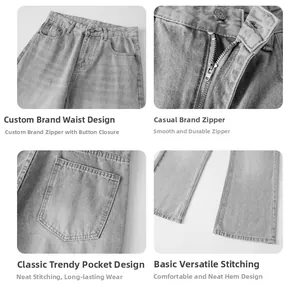 Detailansicht mit Metallknopf, Reißverschluss, Gesäßtasche und Saum der hellgrauen Jeans