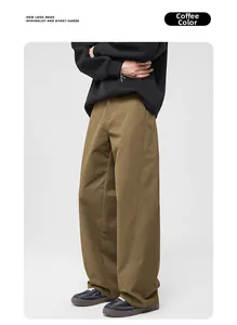 Detailed view of coffee brown wide leg cargo pants with durable twill fabric and side seams