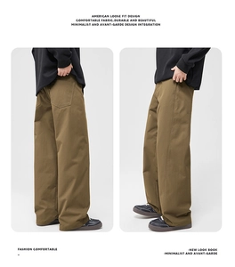 Detail view of American style loose-fit cargo pants in olive brown durable cotton fabric