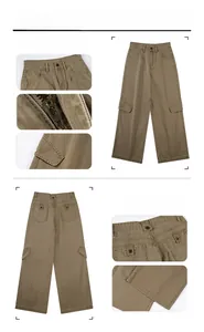Detailed views of dark khaki cargo pants showing loose fit design and durable cotton fabric