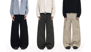 Three-way comparison of wide-leg cargo pants in black, dark grey, and light khaki