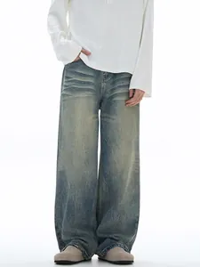 Men's Vintage Washed Wide Leg Jeans American Streetwear High Street Loose Straight Denim Pants With Whiskers Distressed Design
