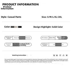 Size chart and technical specifications for multi-pocket cargo pants in three colors