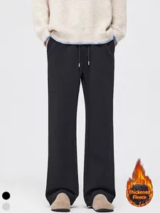 Men Casual Wide Leg Straight Pants Fleece Lined Knit Sweatpants Warm Cotton Blend Drawstring Trousers Loose Fit Streetwear Bottoms