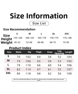 Size chart table for cargo pants showing waist, hip, and length measurements in cm
