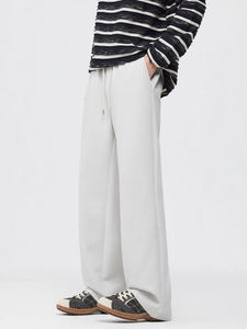 Men's light grey wide leg straight casual trousers with drawstring waist and fleece lining