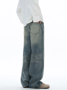 Men's high street vintage washed wide leg denim jeans with 3D whisker design