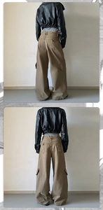 Rear view of khaki cargo baggy pants with side pockets and short black jacket