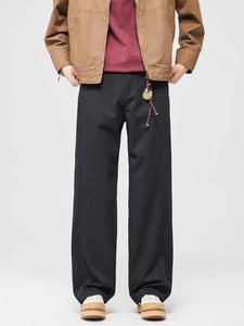 Men's retro loose black straight-leg cargo pants with drawstring detail and heavy fabric
