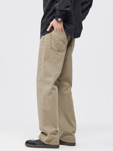 Pantalon décontracté kaki coupe droite avec poches arrière à surpiqûres en V et coton épais