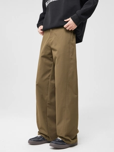 Mens retro loose fit wide leg cargo pants in dark khaki brown durable workwear fabric