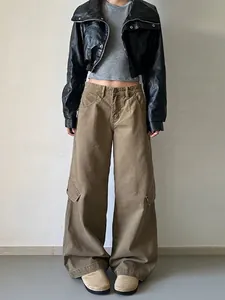 Men Vintage High Street Cargo Pants Wide Leg Straight Multi Pockets Cotton Casual Loose Streetwear Retro Work Trousers