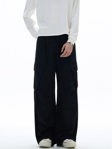 Pantaloni cargo neri retrò da uomo in cotone con tasche multiple e gamba dritta