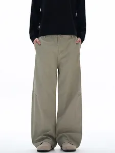 Men Wide Leg Cargo Pants Cotton Relaxed Fit Curved Leg Trousers American Streetwear Casual Workwear Solid Color Pants
