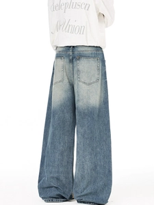 Vintage high street washed blue wide-leg denim jeans with retro street style loose fit