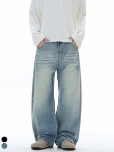 Jeans Baggy Rétro Américain pour Hommes Haute Rue Effet Usé Pantalon en Jean Large avec Moustaches Streetwear Urbain