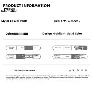 Detailed chart showing washed cargo pants fabric properties and size specifications