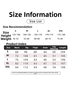 Detailed size chart for men's flared cargo pants with waist and length measurements
