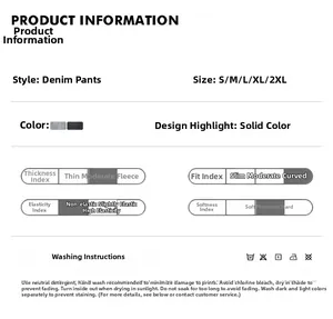 Size chart and fabric care details for American vintage wash straight-leg denim pants
