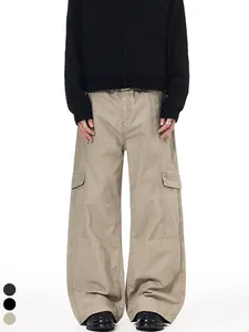 Men's Vintage Wide Leg Cargo Pants 100% Cotton Multi Pocket Streetwear Casual Baggy Trousers Workwear Pants For Men