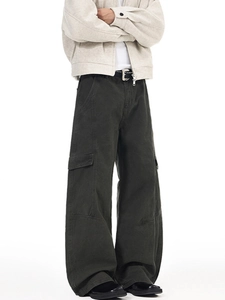 Men's dark grey heavy-duty wide-leg cargo pants with large side pockets and relaxed fit