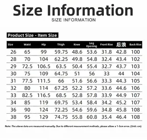 Tabella taglie dettagliata per pantaloni casual da uomo dalla taglia 26 alla 38 in cm