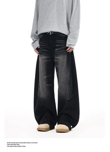 Close-up of wide-leg jeans featuring vintage washed finish and side panel stitching