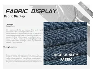 Gros plan sur la texture du denim bleu foncé épais avec guide d'entretien du lavage