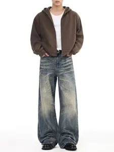 Men's Retro High Street Washed Distressed Wide Leg Jeans Vintage Whiskered Cleanfit Straight Baggy Denim Pants For Men