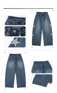 Vues détaillées du jean baggy délavé avec broderie d'étoiles et finitions de haute qualité
