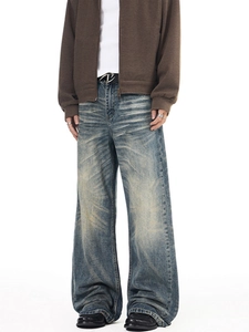 Men's retro wide-leg denim jeans with whiskers and vintage faded wash finish