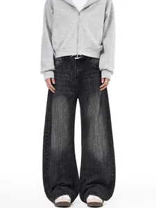 Men's Vintage Washed Cotton Jeans High Street Distressed Wide Leg Oversized Denim Pants Loose Fit Streetwear Trousers