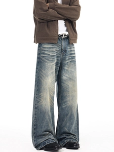 Men's retro wash blue straight leg denim jeans with vintage whiskers and metal belt buckle