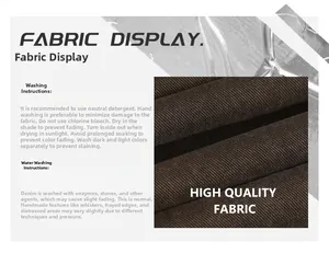 Detail view of dark brown denim fabric with washing care instructions and textile texture